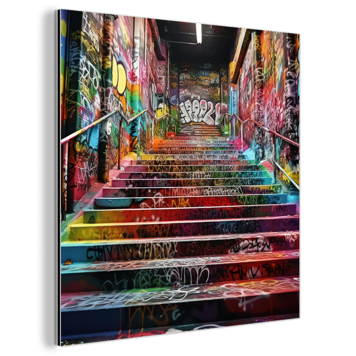 METALLBILD Treppe - Graffiti - Farben - Kunst 90x90 cm - Multicolor, Metall (90/90cm) - MuchoWow