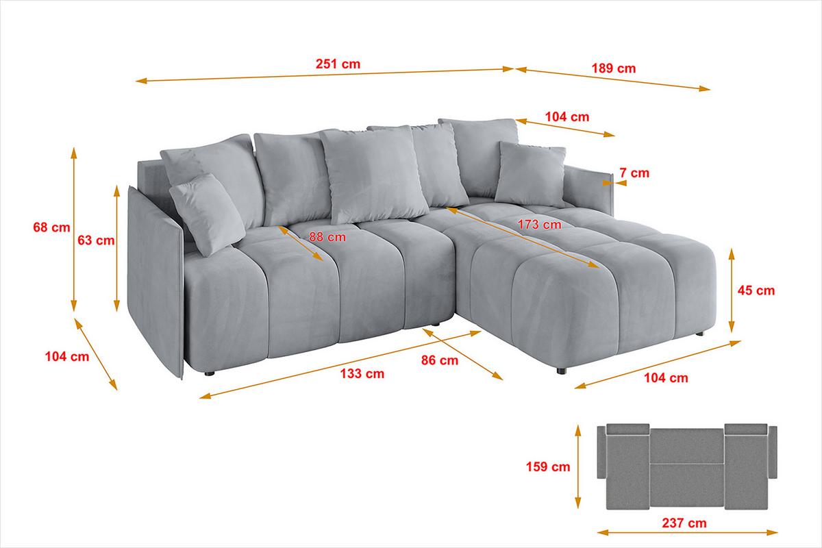 ECKSOFA Ottomane rechts LONLI-L 251x189x68 Titanfarben Velours - Titanfarben, Holzwerkstoff/Kunststoff (189/251cm) - ALTDECOR