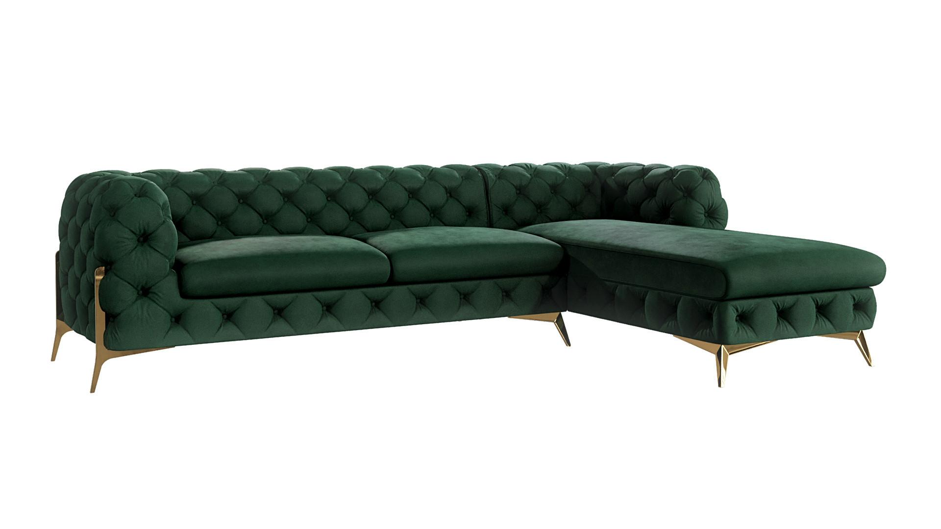 ECKSOFA Chesterfield Lexi Flasche Grün Samt, Ottomane rechts - Smaragdgrün/Goldfarben, Holz/Textil (305/200cm) - S-Style
