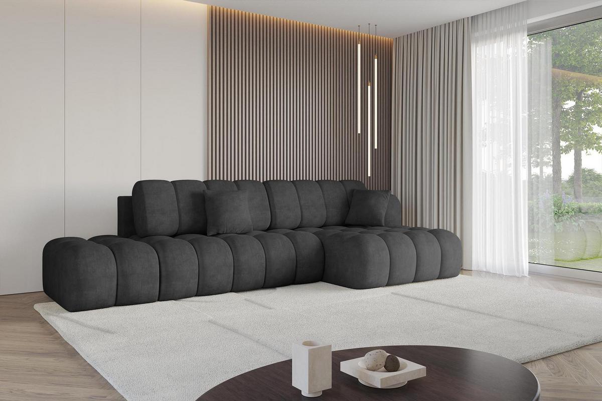 ECKSOFA mit Schlaffunktion Ottomane RECHTS OLEA-L2 321x164x75 Dunkelgrau Velours - Dunkelgrau/Schwarz, Holzwerkstoff/Kunststoff (164/321cm) - ALTDECOR