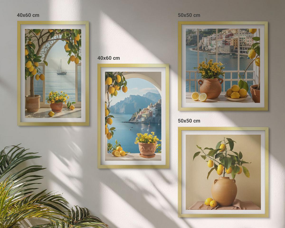 BILDER SET 4er Set - 50x50 cm & 40x60 cm Goldrahmen - Zitronenblumen aus der Küstenstadt - Goldfarben, Kunststoff (50/50cm) - TULUP