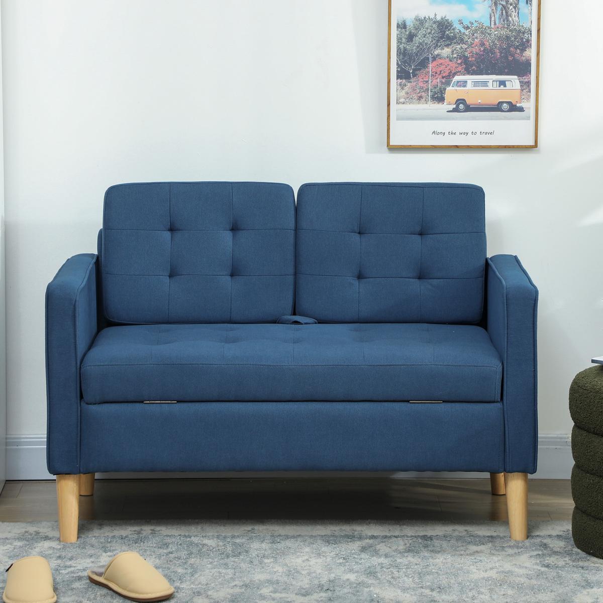 2 Sitzer Sofa, Couch mit Stauraum, Holzbeine, Gepolsterter Polstersofa, Blau - Blau/Eukalyptusholzfarben, Holz/Textil (62/78/117cm) - HOMCOM