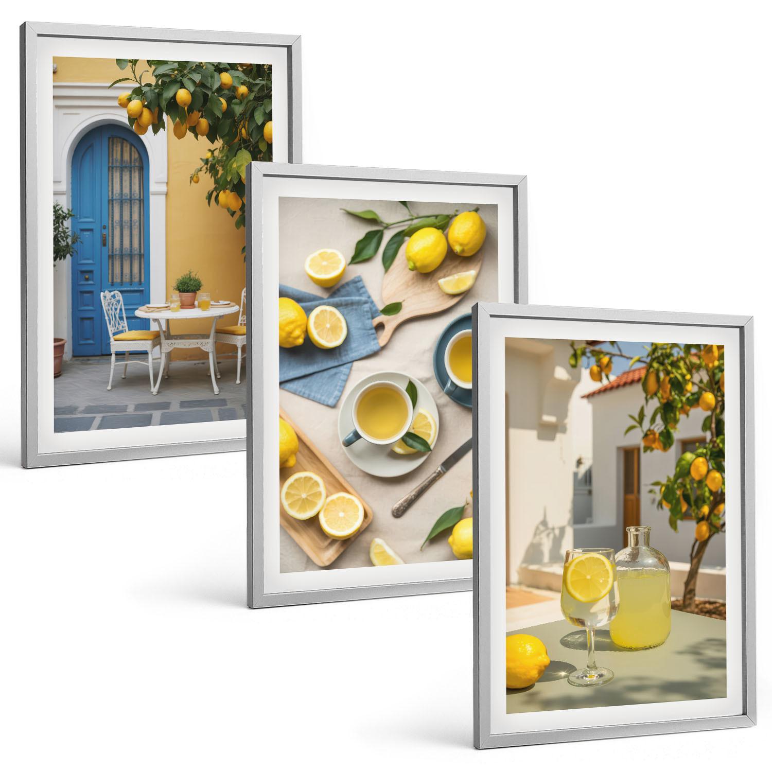 BILDER SET 3er Set - 40x60 cm Silberner Rahmen - Zitronenlimonade blaue Tür - Silberfarben, Kunststoff (40/60cm) - TULUP