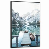 LEINWAND Bilder mit Rahmen - Natur - Berge - Schnee - Wald - Boot - 100x150 - Hellgrün, Textil (100/150cm) - MuchoWow