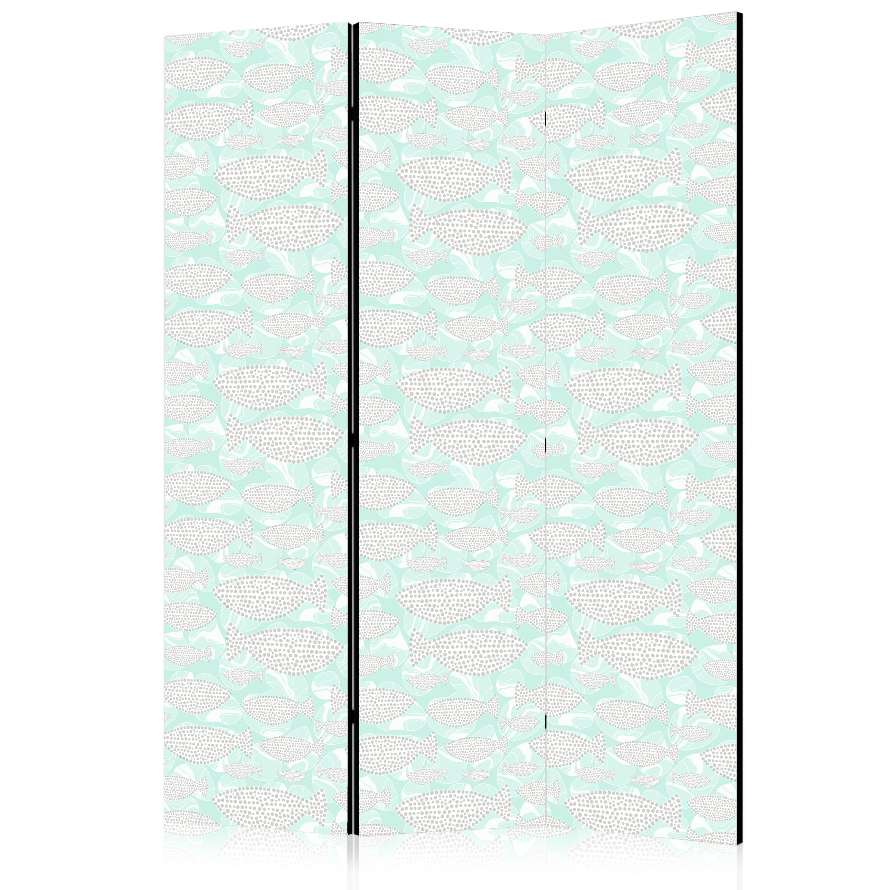 PARAVENT Beidseitig Bedruckter 3-tlg 135x172 cm Abstrakte Fische Boho - Grün, Holz/Textil (135/172/3cm) - Muralo