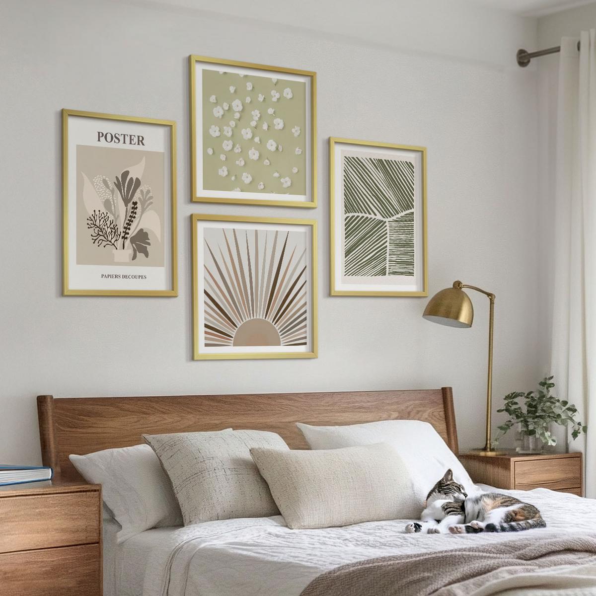 BILDER SET 4er Set - 50x50 cm & 40x60 cm Goldrahmen - Pflanzenmotive in gedeckten Farben - Goldfarben, Kunststoff (50/50cm) - TULUP