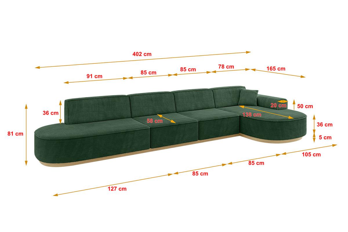 ECKSOFA Ottomane Rechts MARI-L3-v2 - 413x171x83 cm Grün Cord - Grün, Holzwerkstoff/Textil (171/413cm) - ALTDECOR