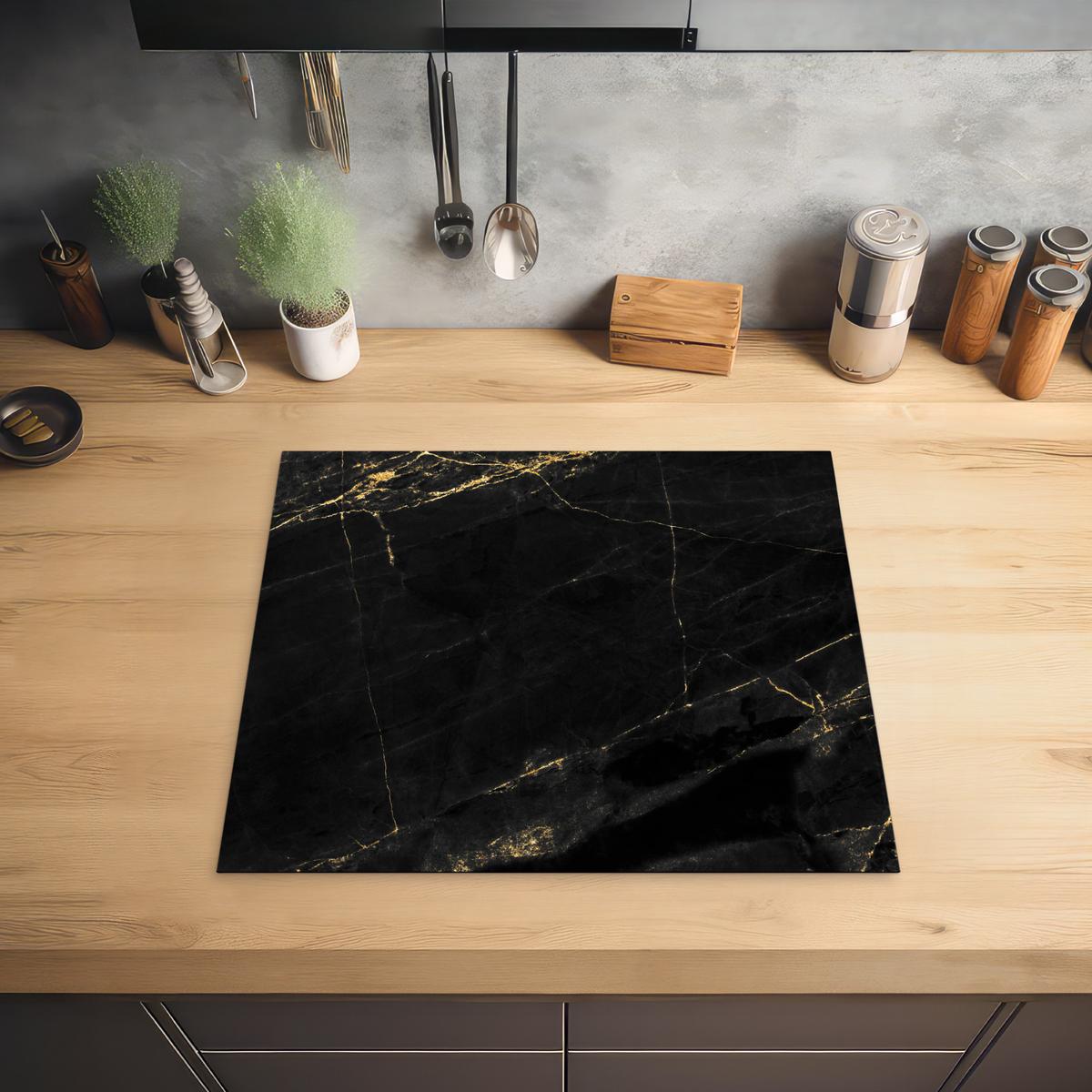 HERDABDECKPLATTE Marmor - Schwarz - Gold - Chic - Marmoroptik - Design Herdabdeckung Induktionsfeld 60x52 cm - Schwarz, Kunststoff (60/52/0.2cm) - MuchoWow