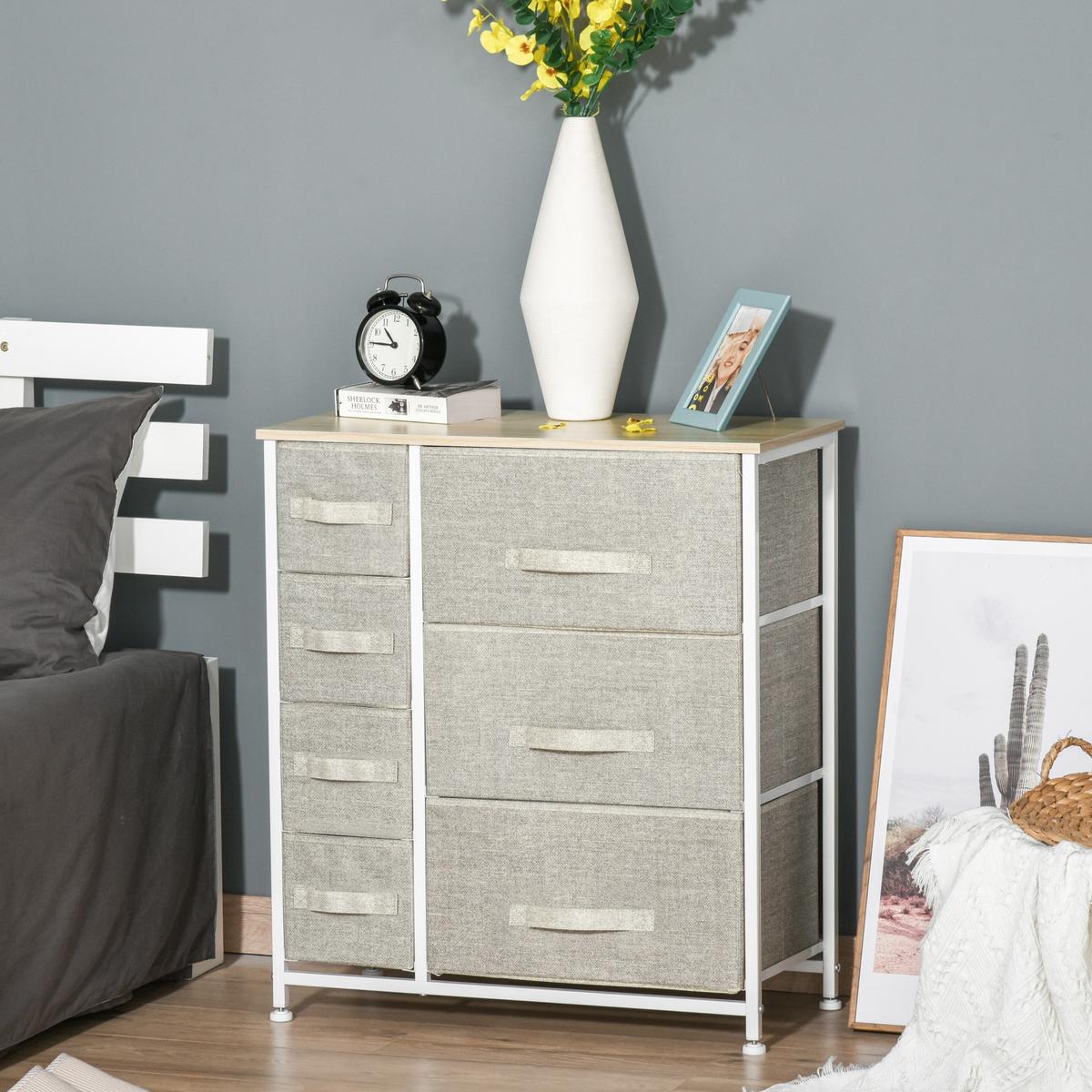 KOMMODE, Sideboard, 7 Stoffschubladen, Metallgestell, 63,5x30x71cm, Hellgrau - Hellgrau, Metall (30/71/63.5cm) - HOMCOM
