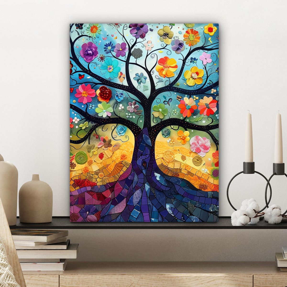 LEINWANDBILD Kunst - Baum des Lebens - Blumen - Hippie Room Decor 30x40 cm - Dunkelblau, Textil (30/40cm) - MuchoWow