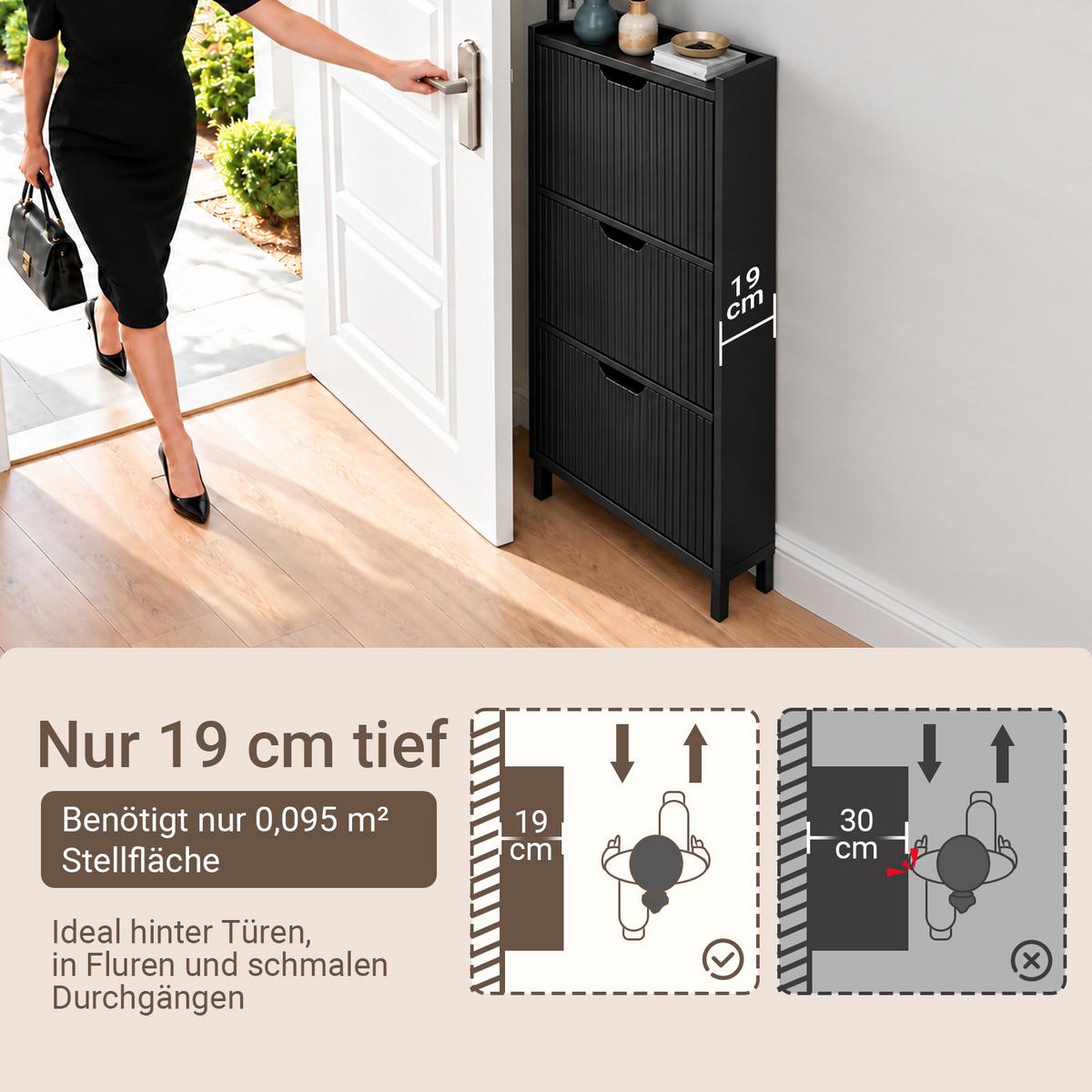 SCHUHSCHRANK schwarz, 130 cm hoch, nur 19 cm tief, 3 Klappen für 6 Paar, Lamellenfront, erweiterbar, für Flur & Diele - Schwarz, Holzwerkstoff/Metall (50/130/19cm) - SoBuy