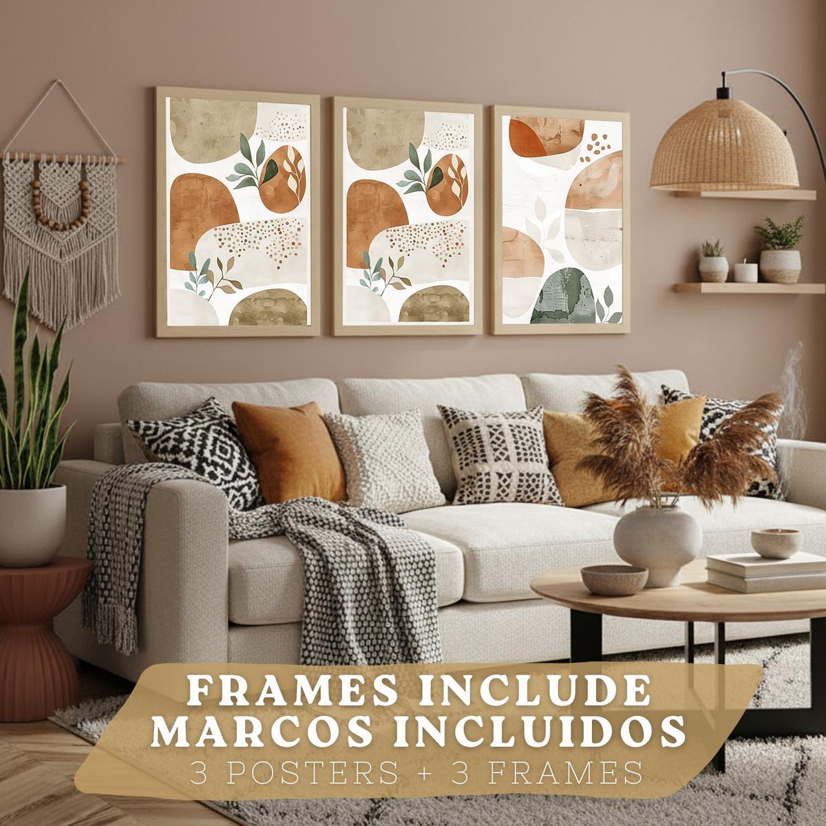 POSTER 3er Kunstdruck-Set Wandbilder Pflanzen Abstrakt Grün Braun modern Wohnzimmer Deko, Schlafzimmer, Küche, Badezimmer Leichter Holzrahmen A4 - Beige, Papier (29.7/1/21cm) - Nacnic