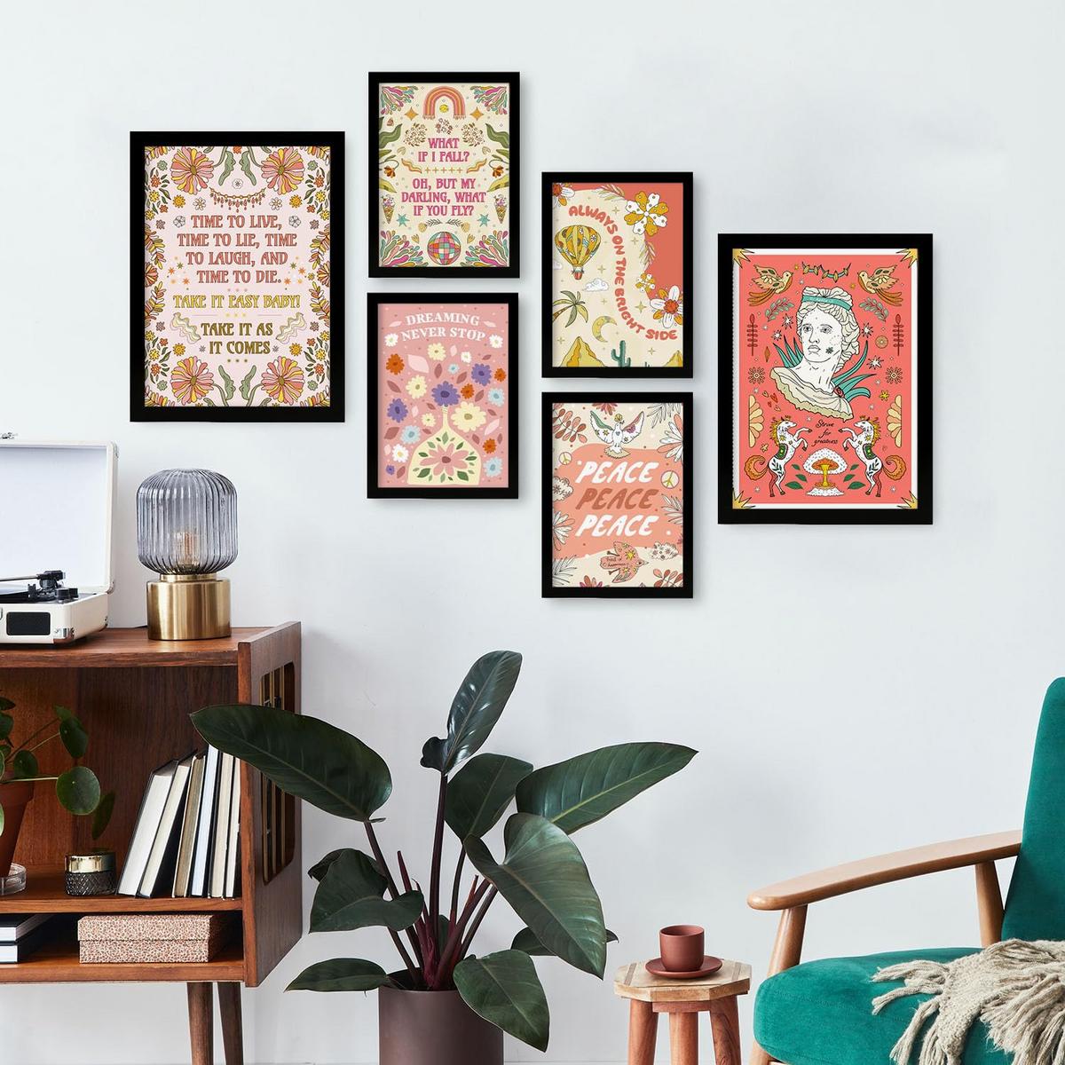 POSTER Set Mit 6 Drucken Von Pink In Brilliant Groovy Style Postersammlung Dekorative Rahmen Für Ihr Zuhause Wandkunstdruck A3 & A4 Schwarzer Rahmen - Schwarz, Papier (29/3cm) - Nacnic