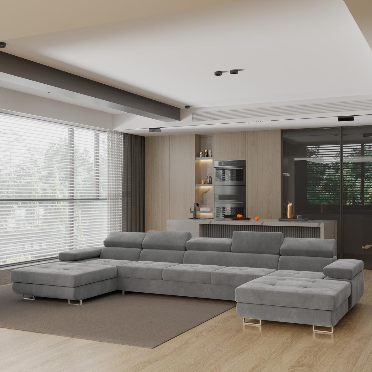 WOHNLANDSCHAFT OMBRA Grau Velours-Stoff mit Schlaffunktion - Grau, Holz (425/90/202cm) - MASSENO