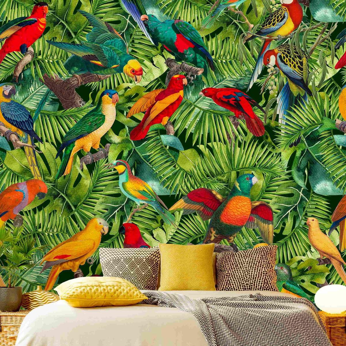 FOTOTAPETE Bunte Collage - Papageien im Dschungel 240/240 cm - Multicolor, Papier (240/240cm) - Bilderwelten