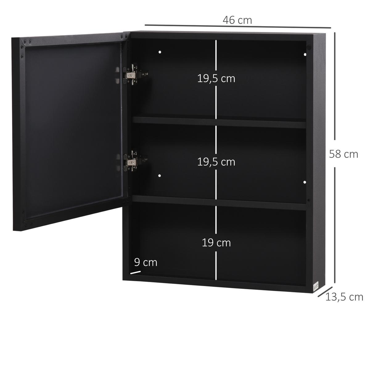 SPIEGELSCHRANK mit Spiegeltür, 2 Innenböden, Edelstahl, Glas, Schwarz - Schwarz, Glas (46/58/14cm) - Kleankin