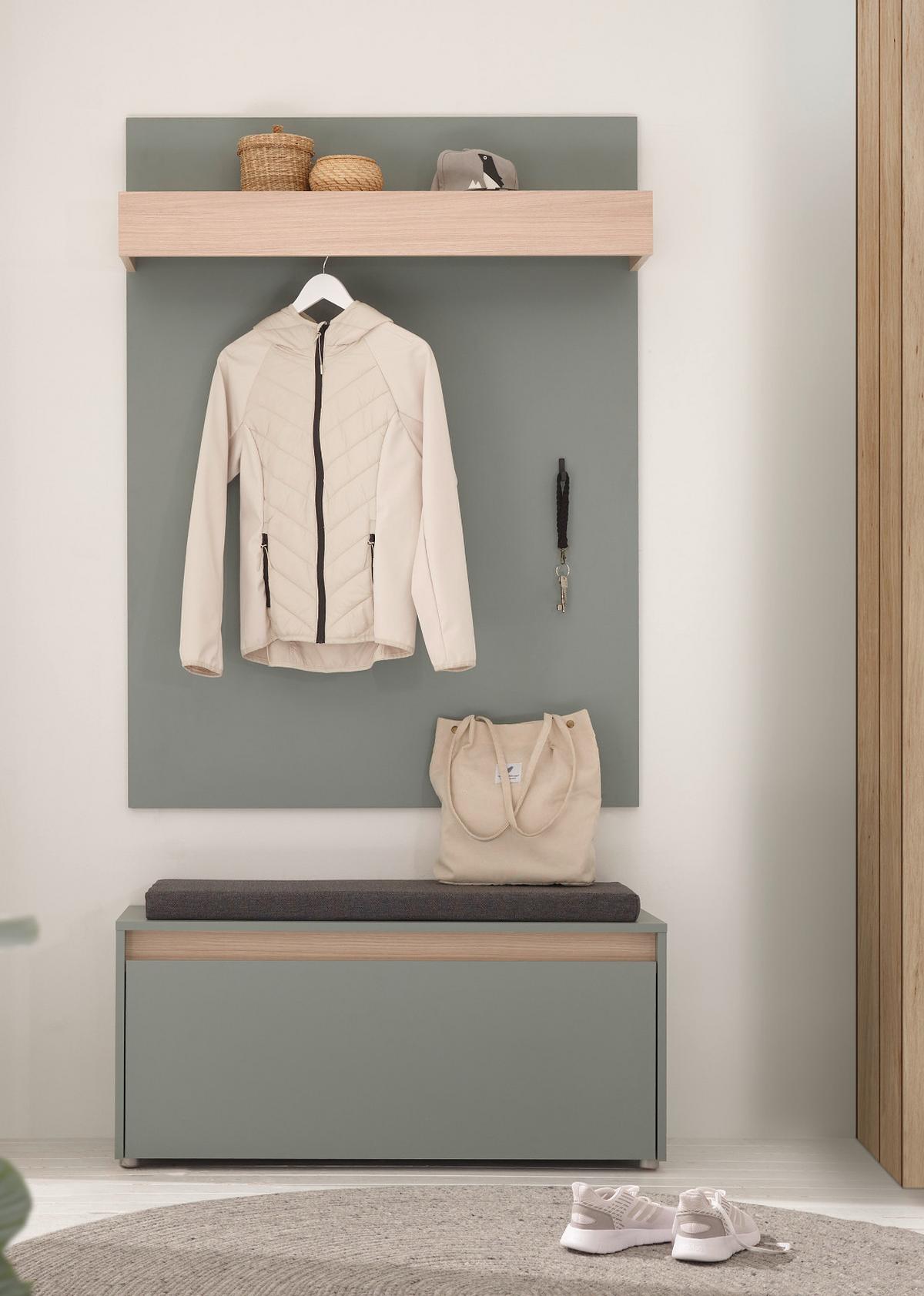 GARDEROBENPANEEL Salbei Grün mit Eiche, Wandgarderobe mit Kleiderstange, 100 x 135 cm - Salbeigrün/Eichefarben, Holzwerkstoff/Metall (100/135/25cm) - Furn.Design