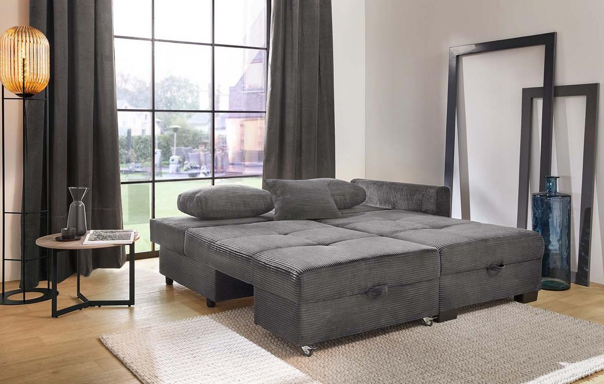 ECKSOFA Doppelbett mit Bettkasten, seitenverkehrt montierbar B247/T155/H87 cm, Liegefläche 183x207 cm, Cord Dunkelgrau / 15214 - Dunkelgrau/Schwarz, Kunststoff/Textil (247/155cm) - luma-home