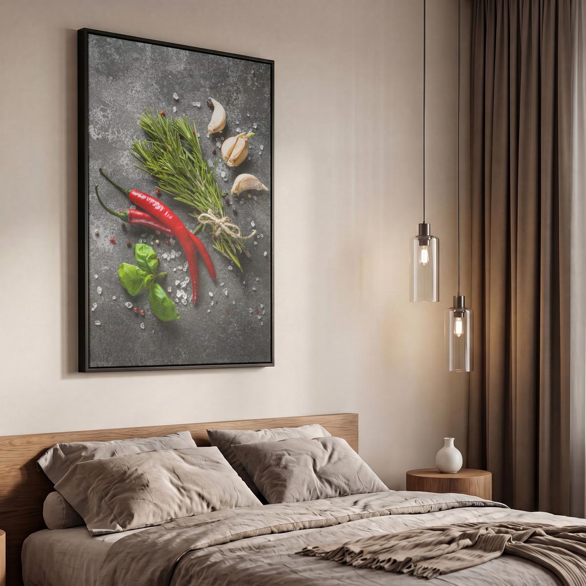 LEINWAND Bilder mit Rahmen - Pfeffer - Kräuter - Gewürze - Beton - 60x90 - Dunkelgrau, Textil (60/90cm) - MuchoWow