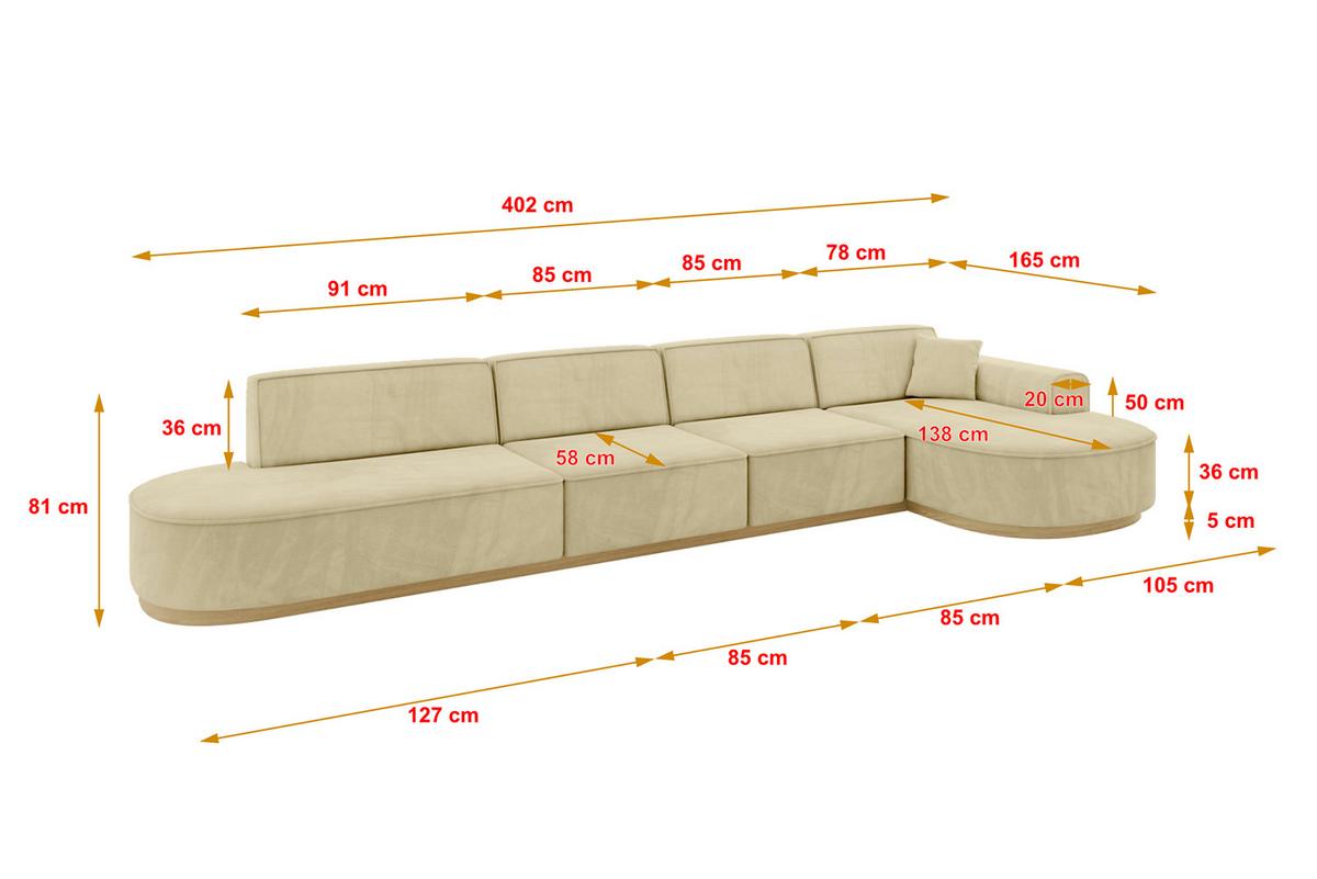 ECKSOFA Ottomane Rechts MARI-L3-v2 - 413x171x83 cm Beige Velours - Beige, Holzwerkstoff/Textil (171/413cm) - ALTDECOR