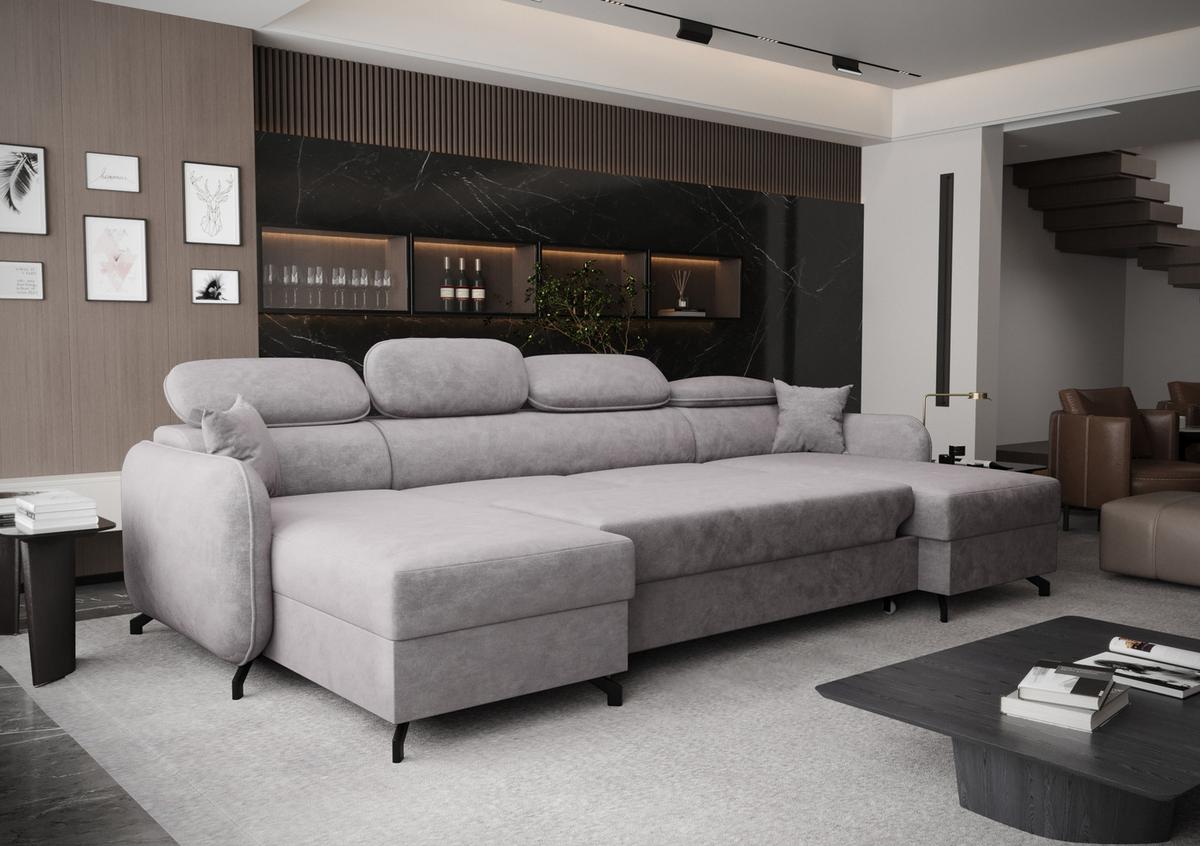 WOHNLANDSCHAFT Ribella 5 Grau 345/180/100 cm mit Schlaffunktion - Hellgrau/Schwarz, Textil/Metall (345/100/180cm) - AX Living