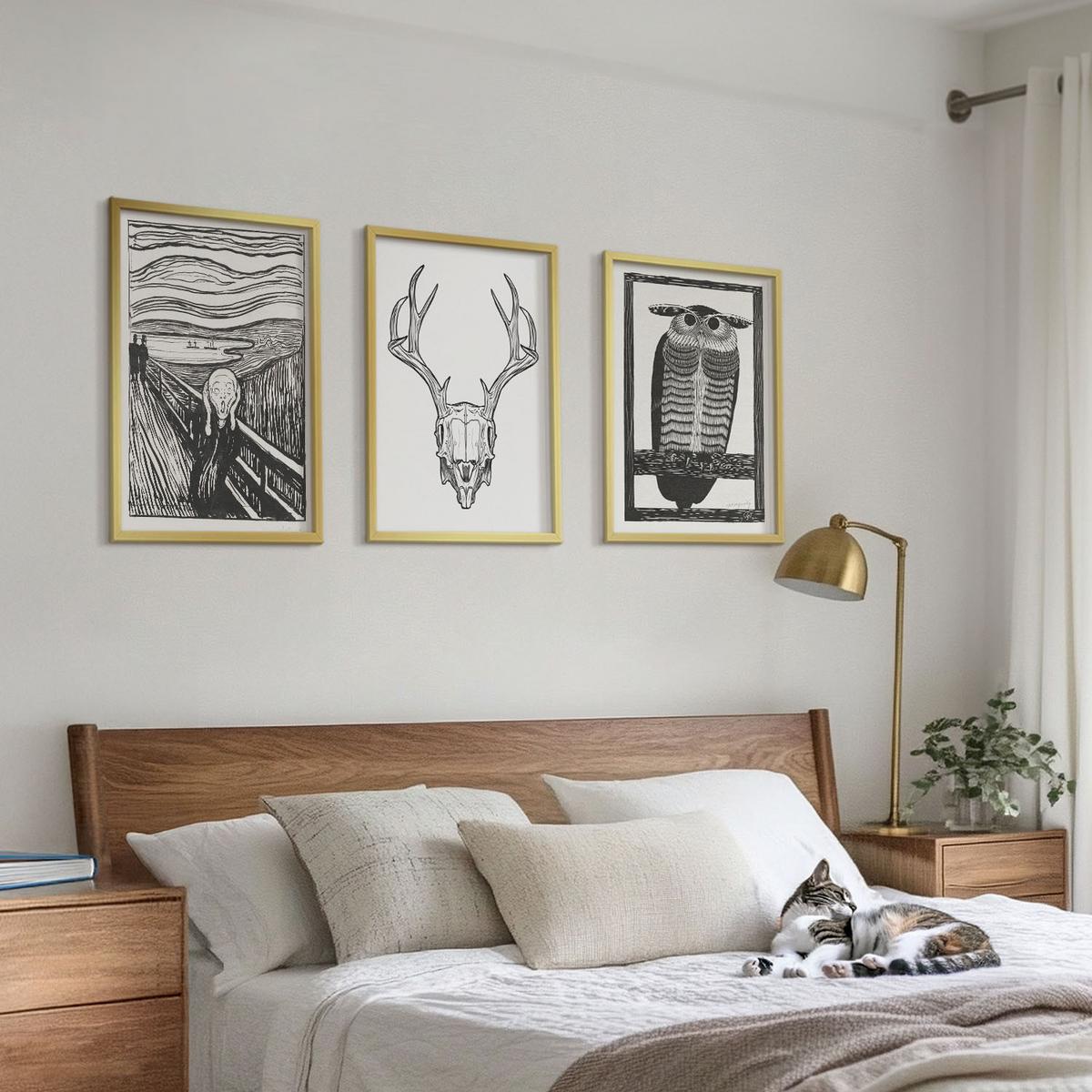 BILDER SET 3er Set - 40x60 cm Goldrahmen - Grafiken mit schreiendem Totenkopf-Eulen - Goldfarben, Kunststoff (40/60cm) - TULUP