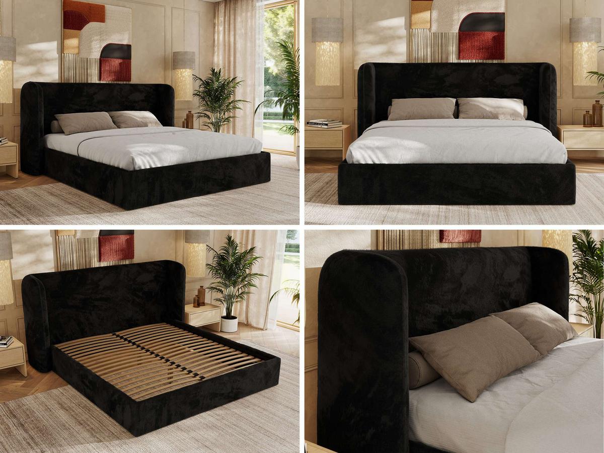 POLSTERBETT EMORA CLASSIC 160/200 - Schwarz Plüsch - Multipocket-Matratze - Schwarz, Textil (160/200cm) - MKS