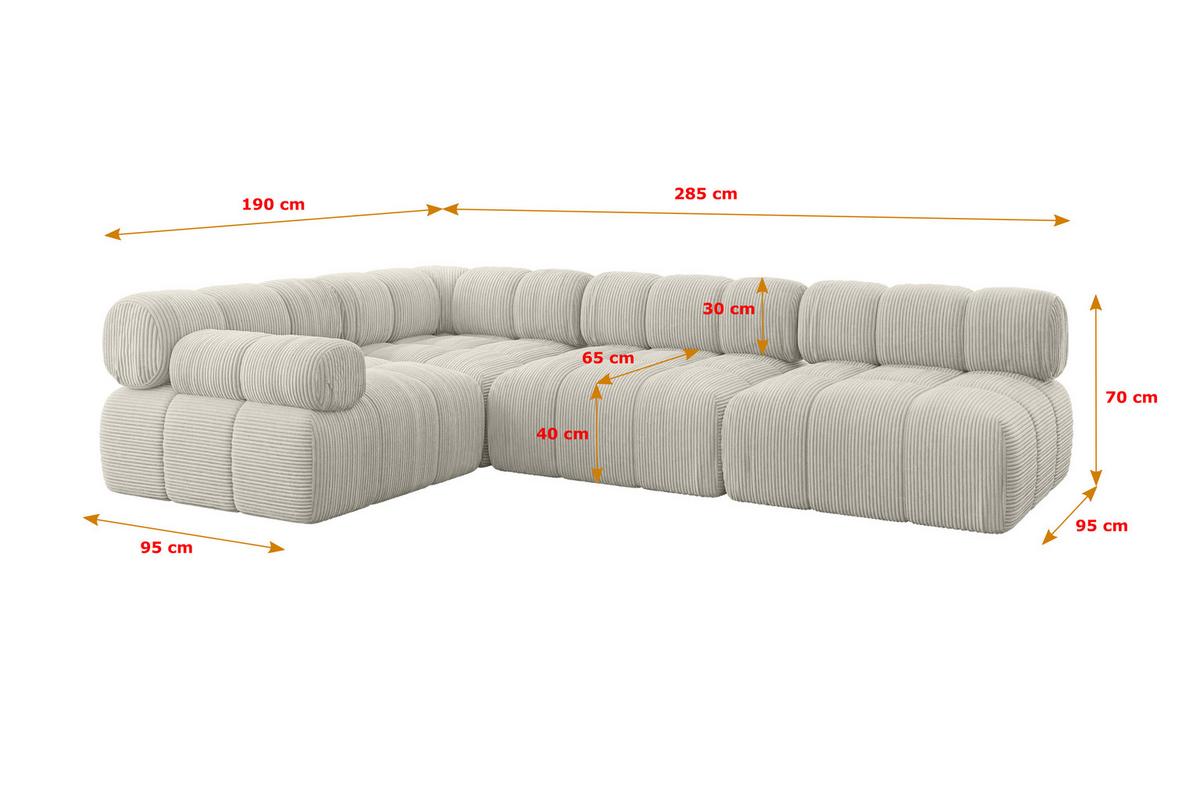 ECKSOFA modulares Sofa Mende-L2 - 285x190x70 cm Creme Cord - Hellgrau/Creme, Holzwerkstoff/Textil (285/190cm) - ALTDECOR