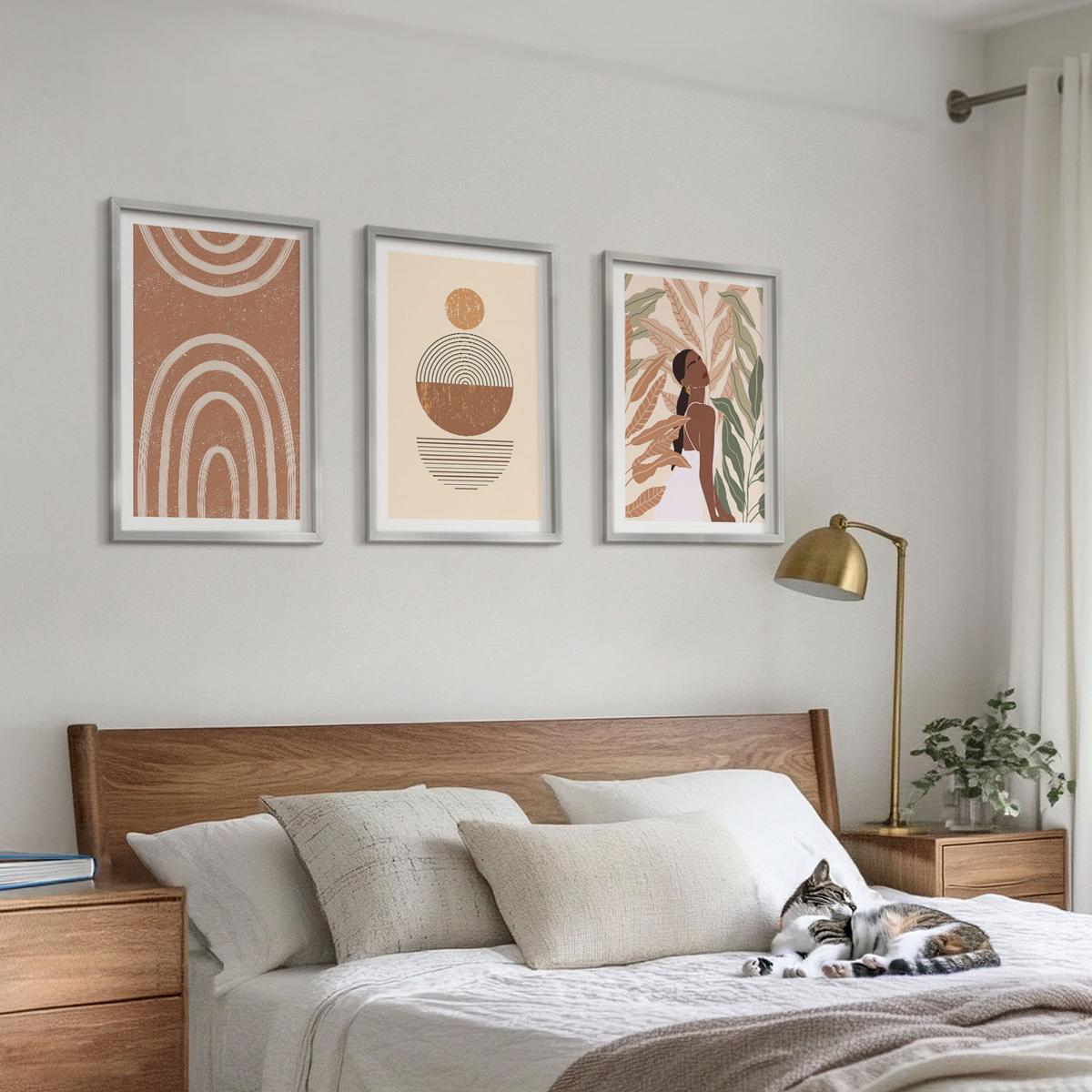 BILDER SET 3er Set - 40x60 cm Silberner Rahmen - Stilvolle Pflanzenmuster und Geometrie - Silberfarben, Kunststoff (40/60cm) - TULUP
