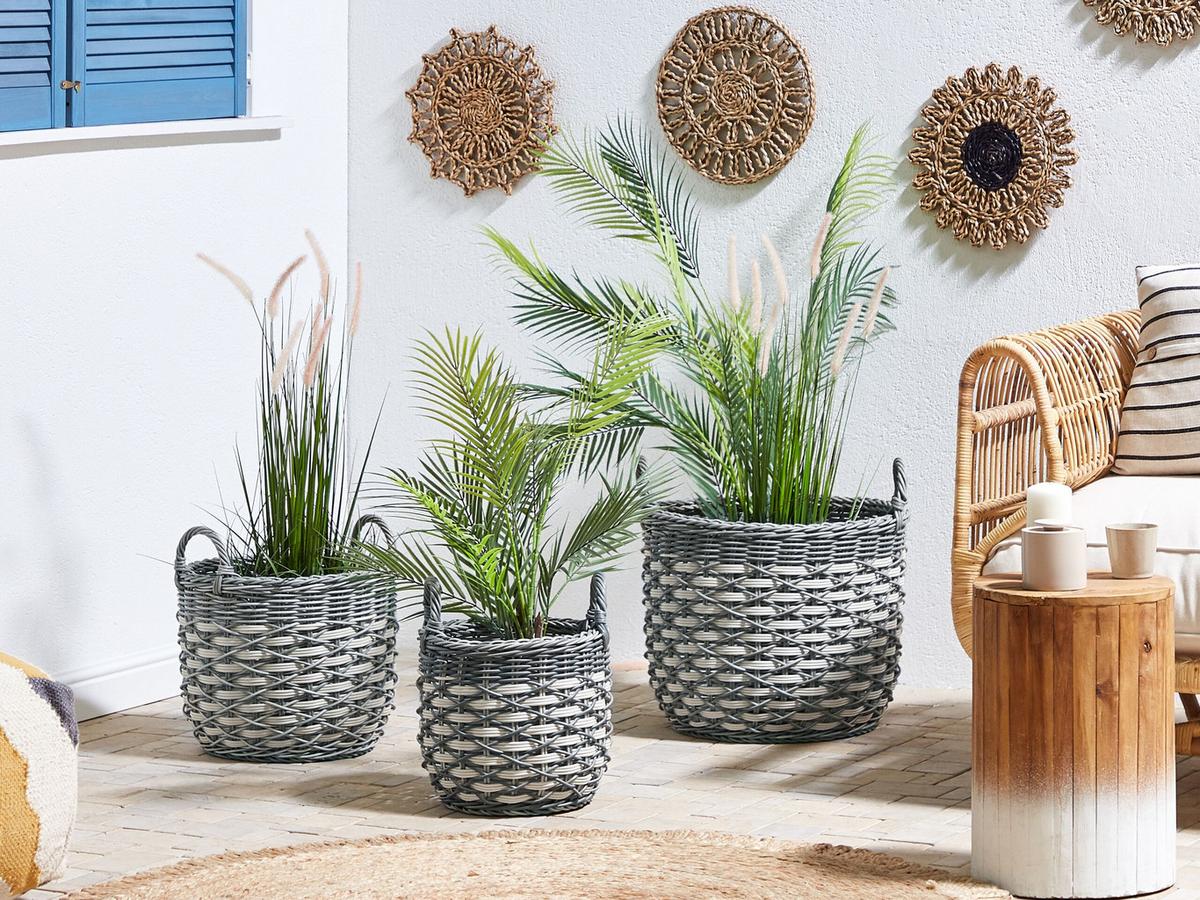 BLUMENKORB 3er-Set Rattan grau/weiß rund 49-37/39-30/31-24 cm Gefira - Weiß/Grau, Kunststoff (50cm) - Beliani