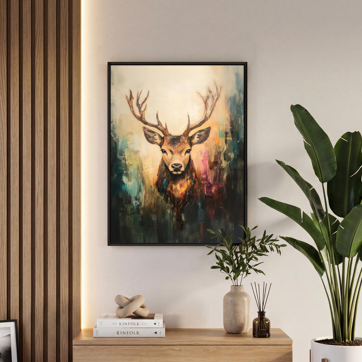 LEINWAND Bilder mit Rahmen - Hirsch - Gemalt - Geweih - Braun - 50x70 - Haselnussfarben, Textil (50/70cm) - MuchoWow