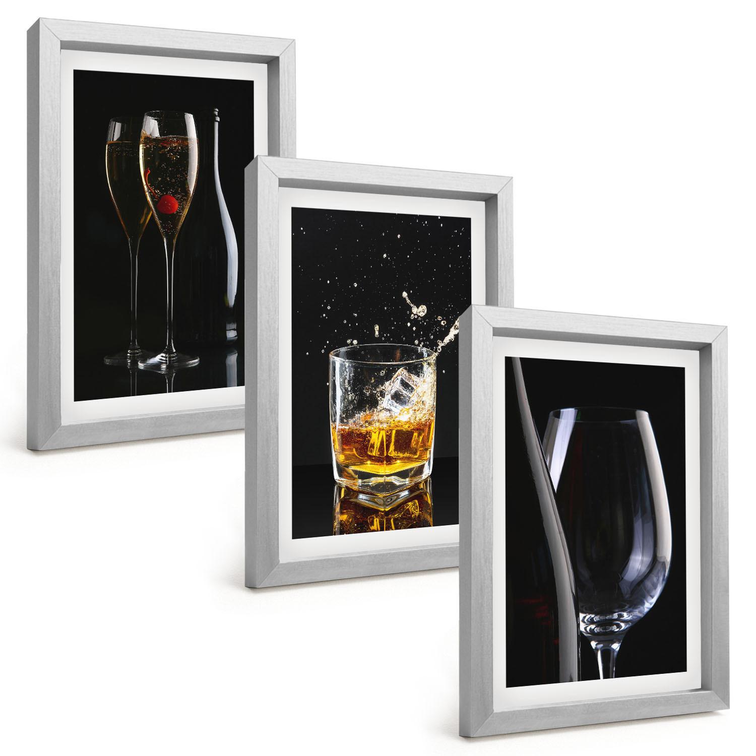 BILDER SET 3er Set - 20x30 cm Silberner Rahmen - Weingläser und Whiskygläser auf schwarzem Hintergrund - Silberfarben, Kunststoff (20/30cm) - TULUP