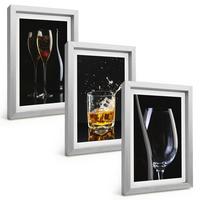 BILDER SET 3er Set - 20x30 cm Silberner Rahmen - Weingläser und Whiskygläser auf schwarzem Hintergrund - Silberfarben, Kunststoff (20/30cm) - TULUP