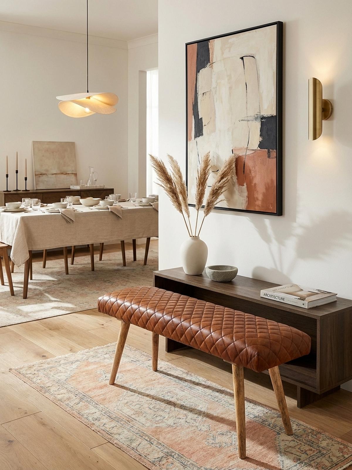 SITZBANK – Echtleder/Holz, Springbock-Stil - Braun, Mangoholz/Leder (115/53/38cm) - KADIMA DESIGN