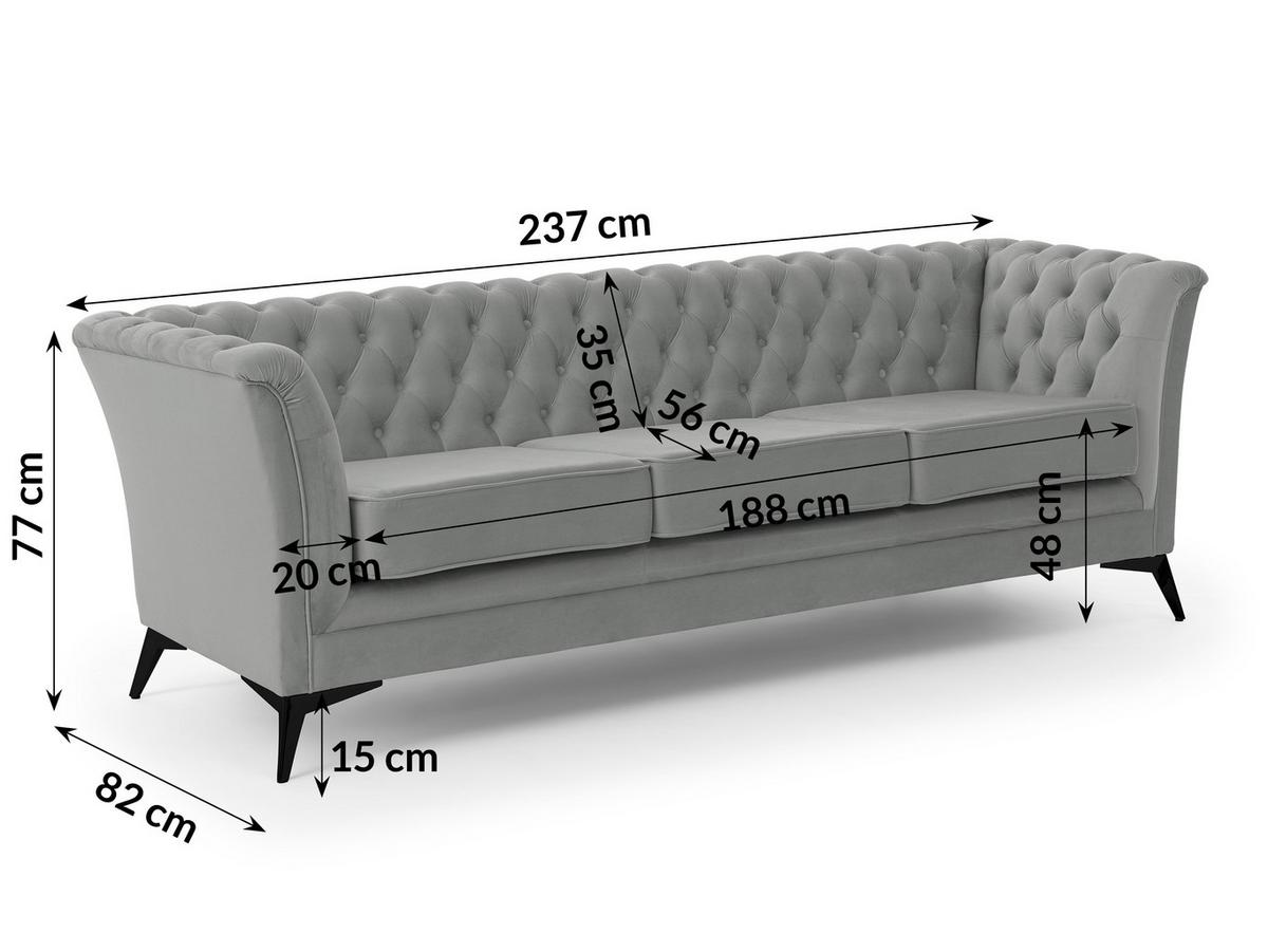 CHESTERFIELD-SOFA 3-sitzer Whitby Grau Samt mit schwarzen Füßen - Schwarz/Grau, Holz/Textil (237/78/82cm) - S-Style Möbel