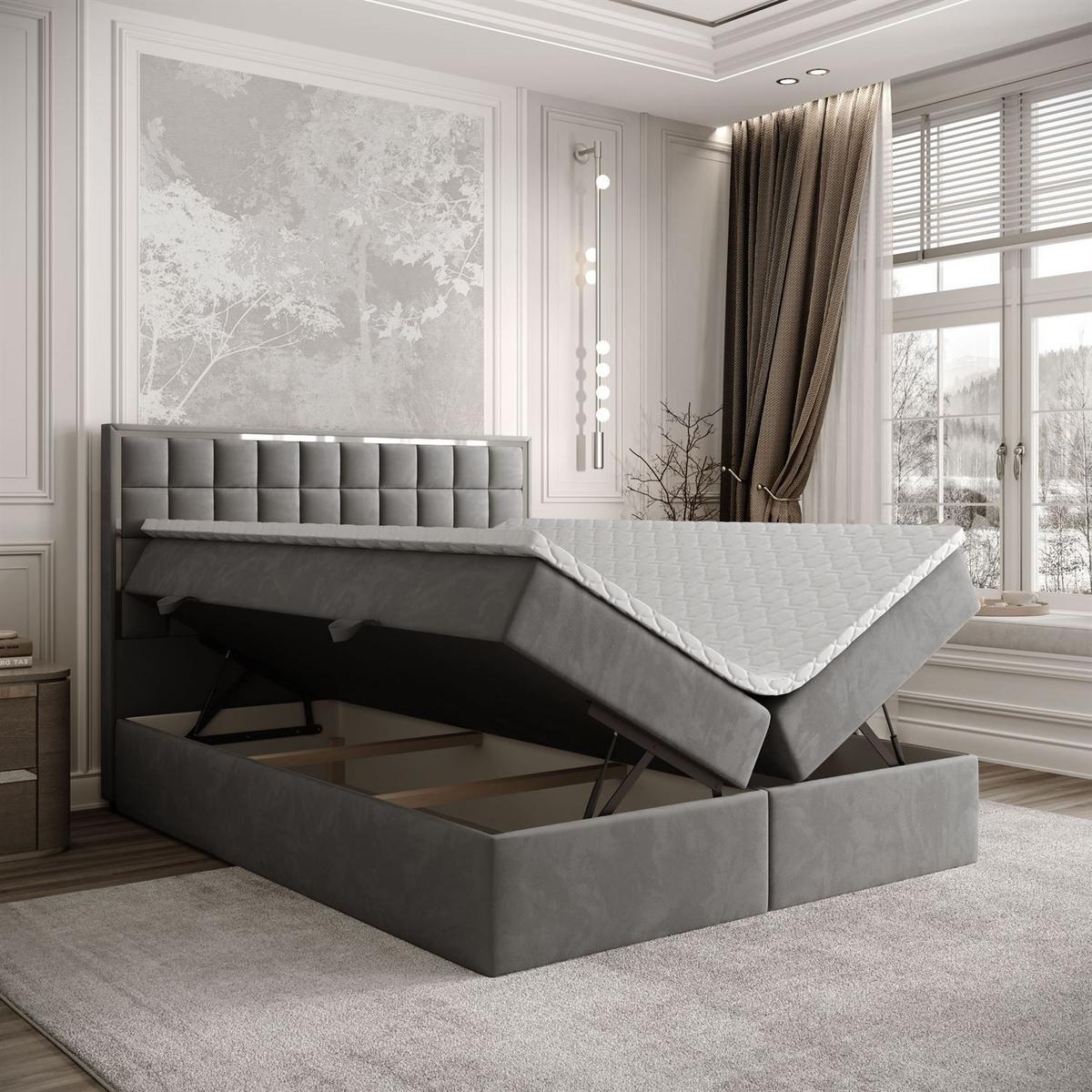 BOXSPRINGBETT ISADORA SILVER mit Bettkasten und Topper 180x200 cm Royal Velvet 250 - Grau, Textil - Lookway