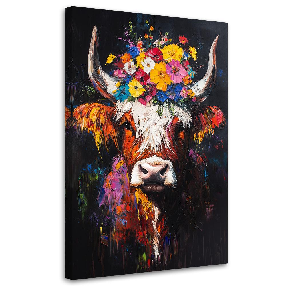 LEINWANDBILD Schottische Kuh mit Blumen auf dem Kopf 40x60cm - Multicolor, Textil (40/60cm) - Feeby