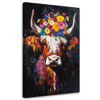 LEINWANDBILD Schottische Kuh mit Blumen auf dem Kopf 40x60cm - Multicolor, Textil (40/60cm) - Feeby