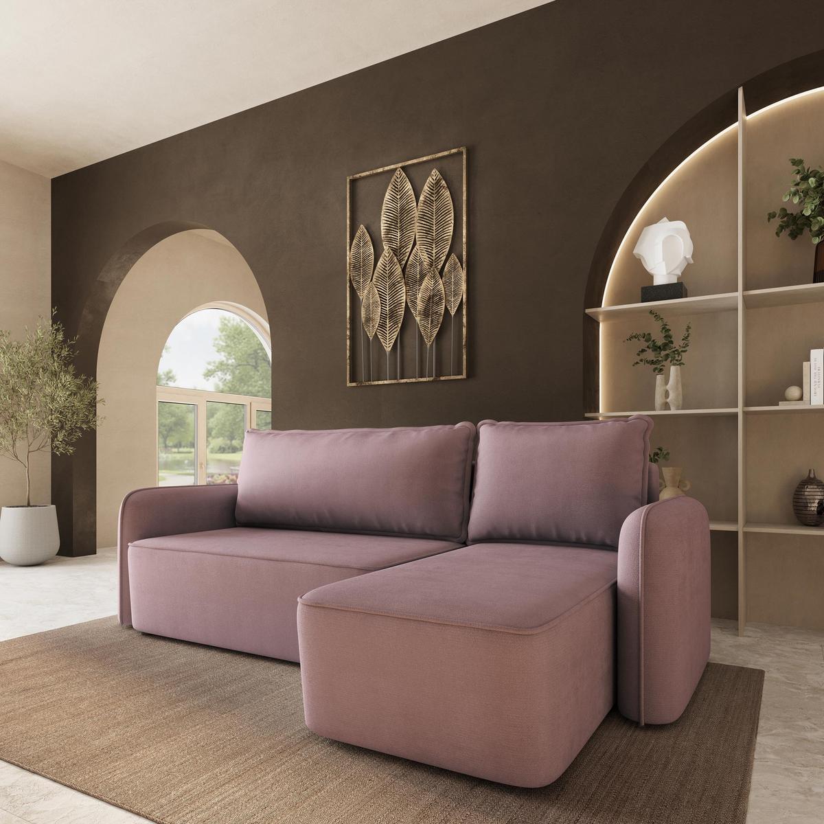 ECKSOFA DOLVER Rosa Plüsch-Stoff mit Schlaffunktion - Rosa, Holz (238/156cm) - MASSENO