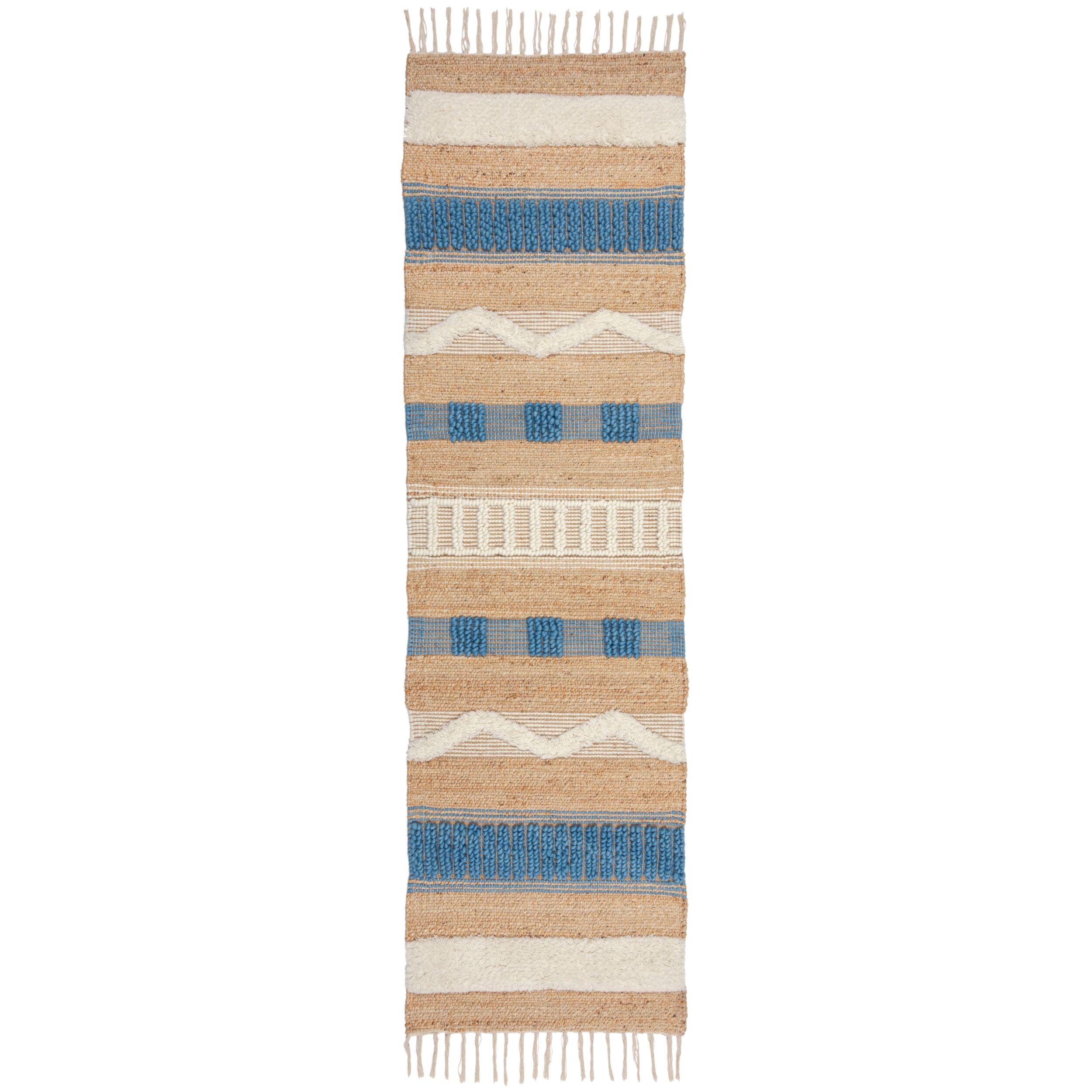 JUTETEPPICH handgewebt mit Fransen WHARFE, im Ethno-Stil, Natur-Blau, 60 x 230 cm - Blau, Textil (230/60cm) - KADIMA DESIGN