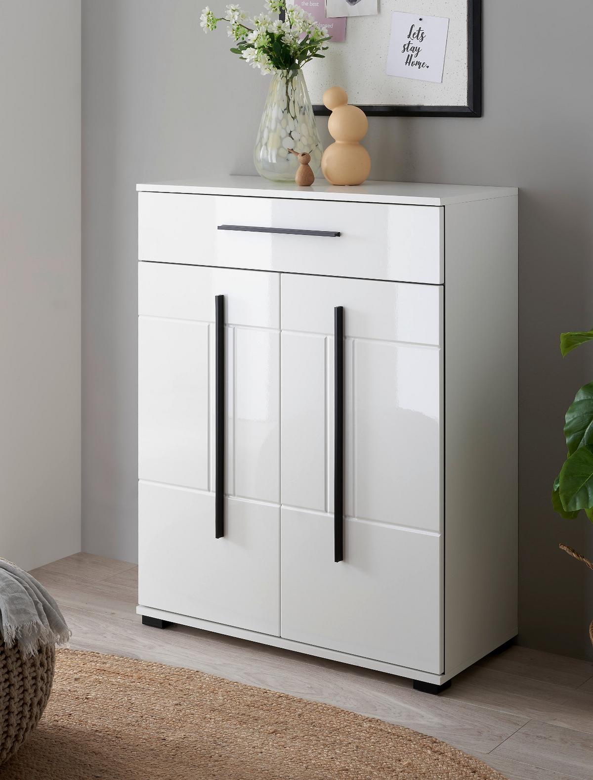 SCHUHSCHRANK weiß Hochglanz 80 x 103 cm, Kommode mit Soft-Close - Weiß Hochglanz/Schwarz, Holzwerkstoff/Kunststoff (80/103/39cm) - Furn.Design