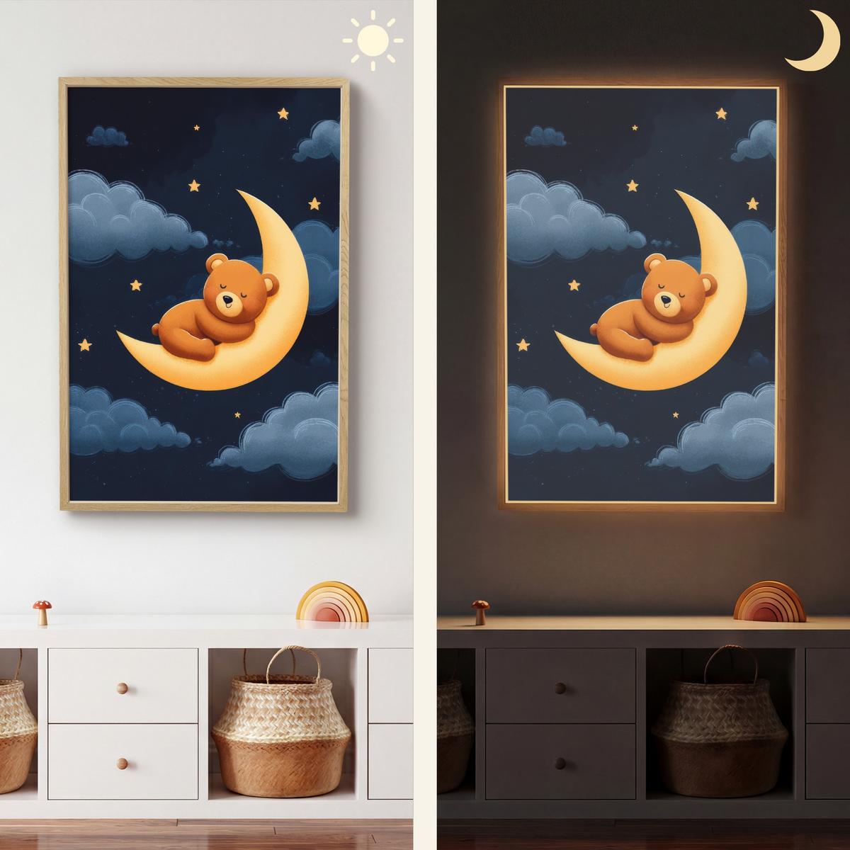 WANDLEUCHTE MIT AKKU Teddybär - Mond - Wolken - Sterne 70x100 cm - Dunkelblau, Holzwerkstoff (70/100/8cm) - OnlyWow