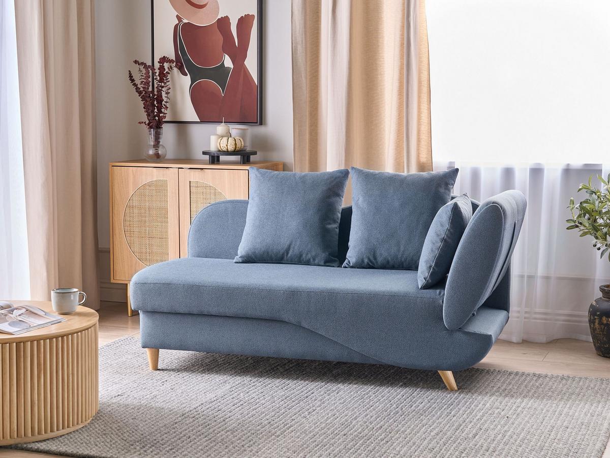 CHAISELONGUE Leinenoptik dunkelblau mit Bettkasten rechtsseitig Meri - Blau/Hellbraun, Textil (156/73/69cm) - Beliani