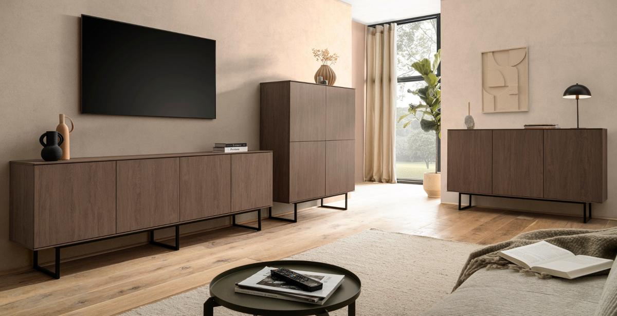 WOHNWAND in Nussbaum 2-teilig 330 cm, Komplett-Set mit Push-to-Open - Nussbaumfarben/Schwarz, Holzwerkstoff/Metall (330/137/40cm) - Furn.Design