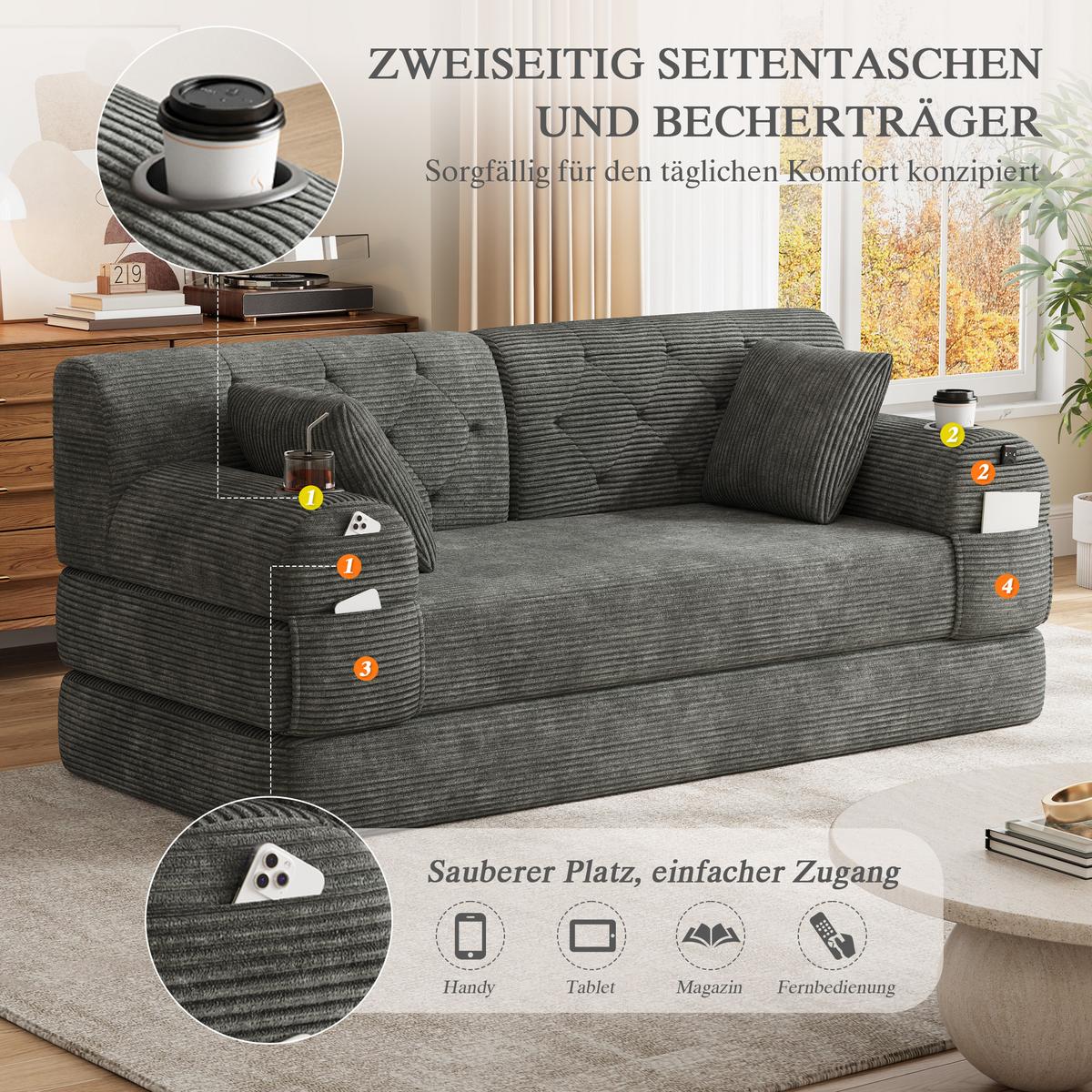 SCHLAFSOFA 2-Sitzer Cord mit Schlaffunktion, Getränkehalter & Taschen - Dunkelgrau, Textil (168/81/80cm) - Urban Meuble