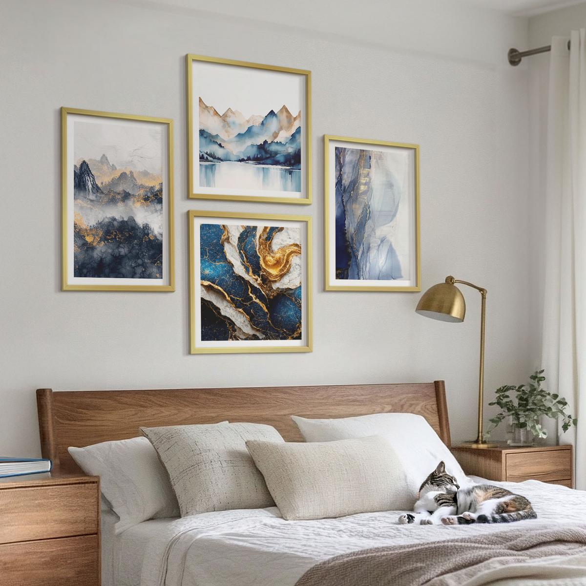BILDER SET 4er Set - 50x50 cm & 40x60 cm Goldrahmen - Blaue Berglandschaften - Goldfarben, Kunststoff (50/50cm) - TULUP
