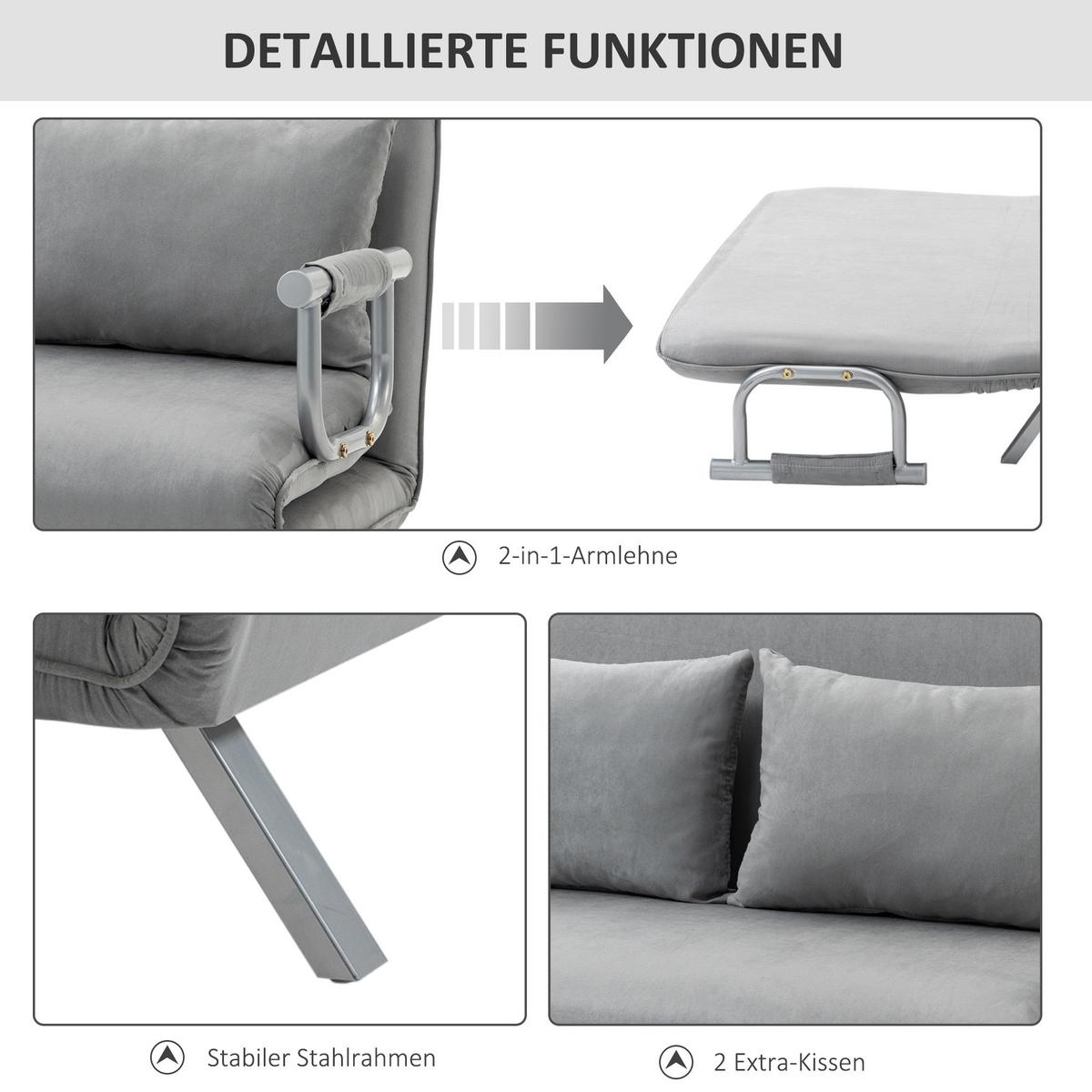 SCHLAFSOFA Zweisitzer mit Bettfunktion, Einzelbett mit Kissen, Samt, Hellgrau - Silberfarben/Hellgrau, Textil/Metall (80/78/111cm) - HOMCOM