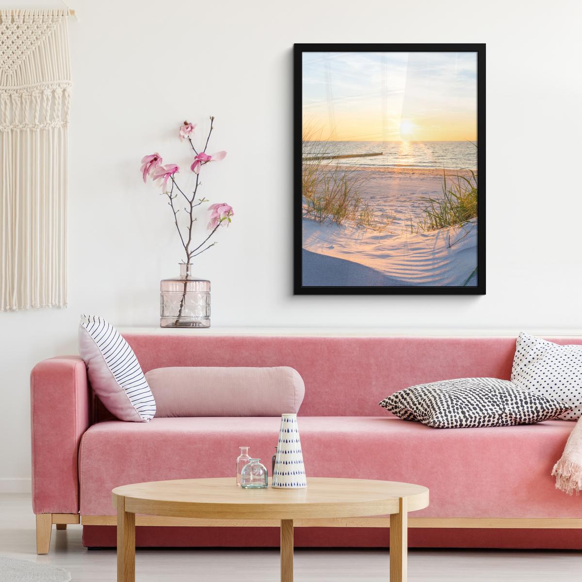 POSTER MIT RAHMEN Strand - Sonne - Düne - Gras - Sand - Horizont Posterleiste 60x80 cm - Hellblau, Papier (60/80cm) - MuchoWow