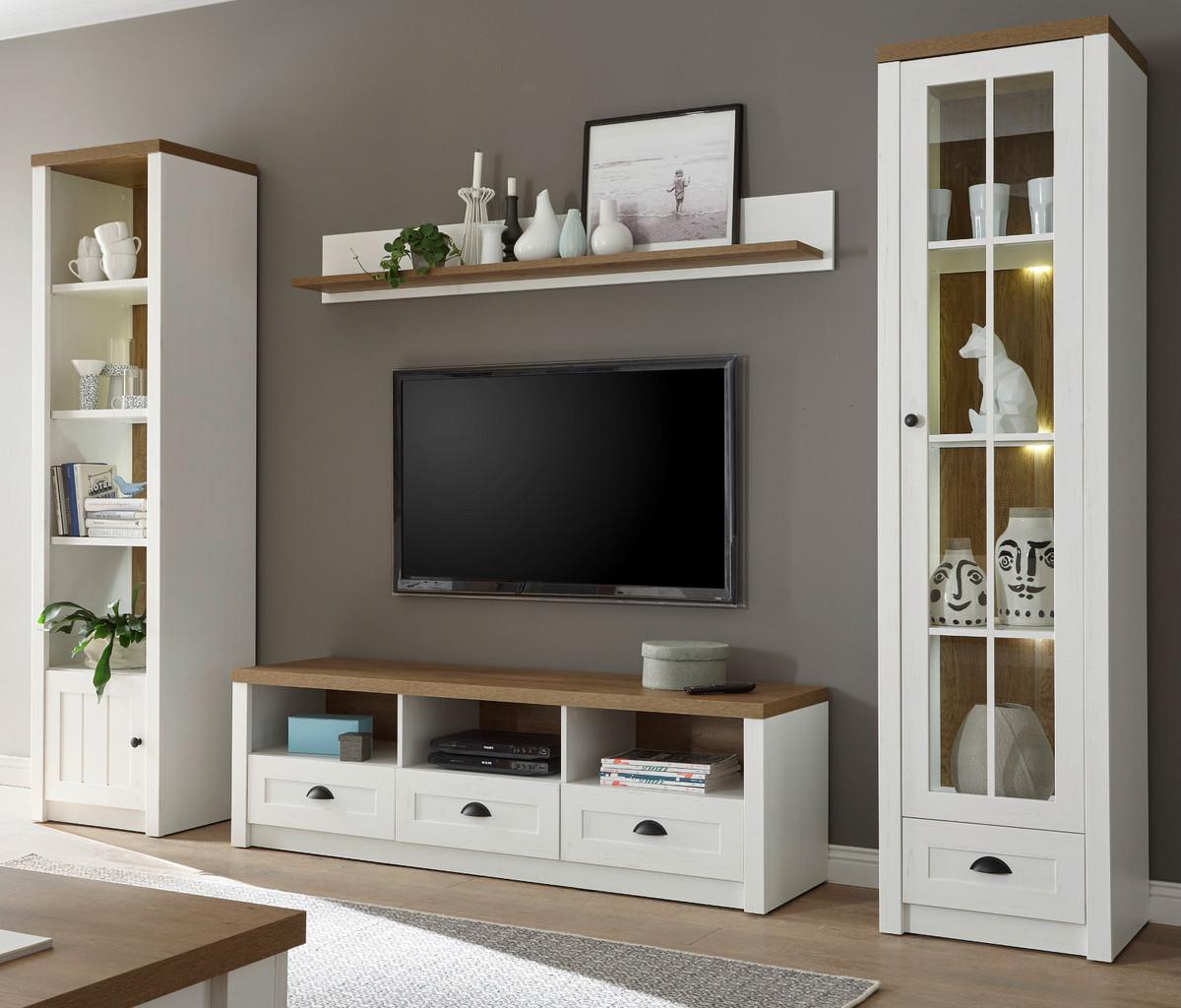 WOHNWAND weiß Pinie, Eiche hell Landhaus, Wohnkombination 4-teilig 300 x 198 cm - Eichefarben/Schwarz, Holzwerkstoff/Metall (300/198/43cm) - Furn.Design
