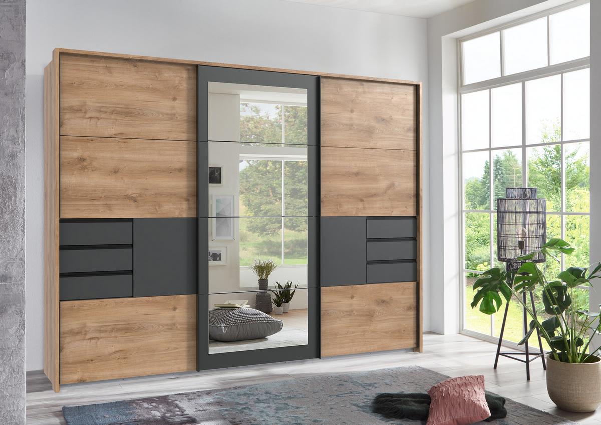 SCHWEBETÜRENSCHRANK 3-türig B273/H213/64cm, Eiche Dekor mit Absetzungen in Grafit, Passepartout&Spiegel&Schubladen,Kleiderschrank inkl.Vollaus./ 22506 - Blau/Eichefarben, Holzwerkstoff/Metall (273/213/64cm) - luma-home